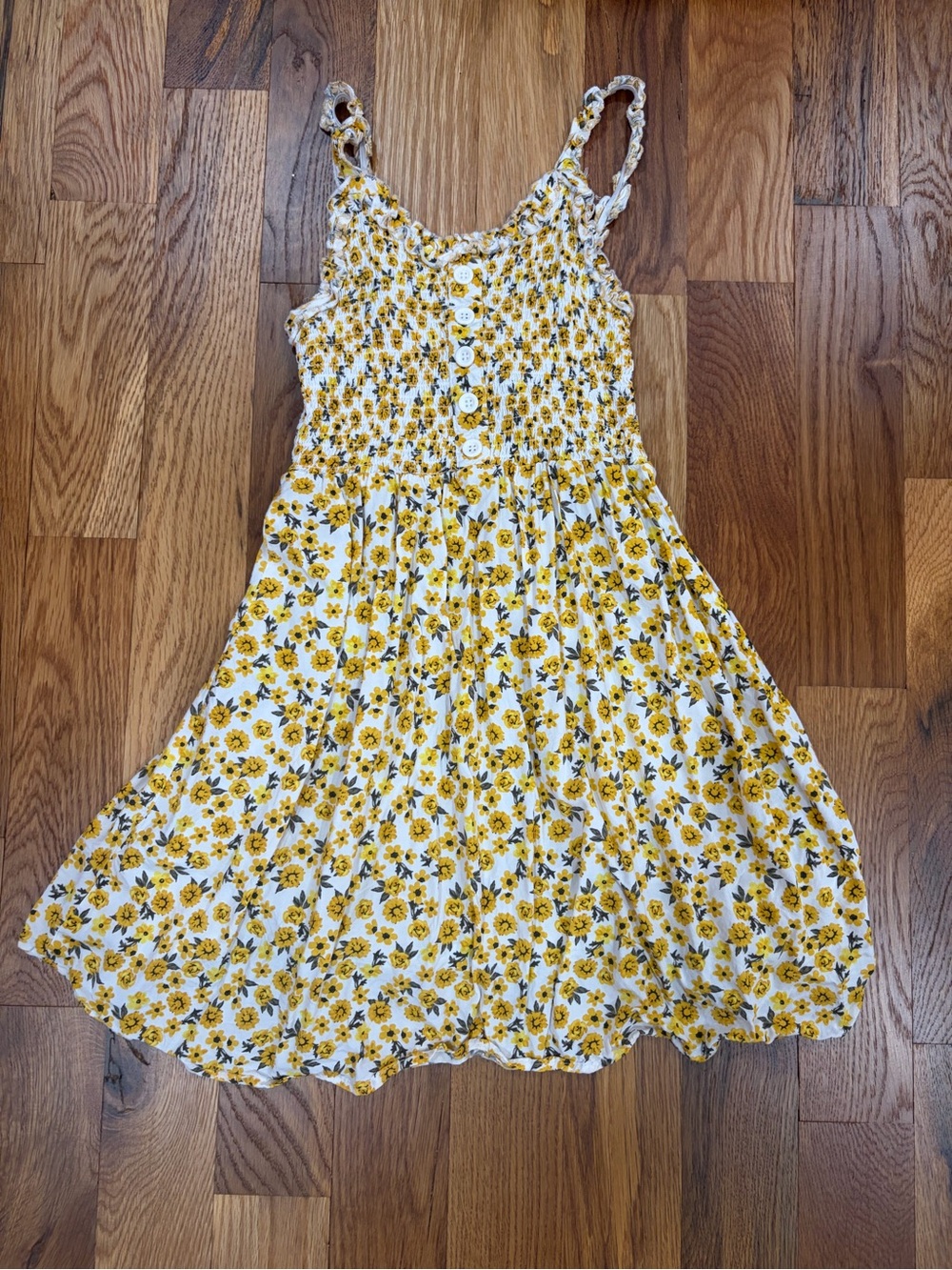 Yellow Floral Button-Front Sundress with Smocked Bodice